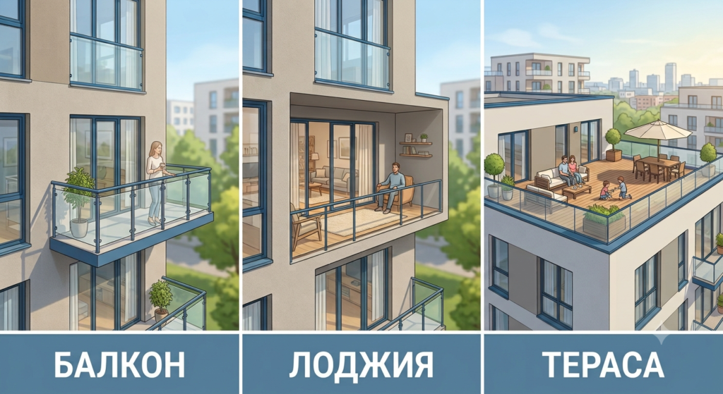 Разлика между балкон, тераса и лоджия в апартамент